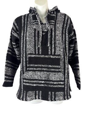Classic Black White Baja Hoodie Unisex Mexican Jerga Pullover Boho Surf Grunge